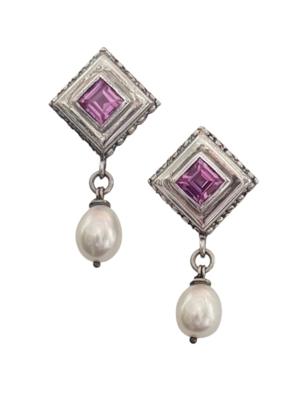 Michael Dawkins .925 Sterling Silver Pink Sapphire and Pearl Dangle Earrings